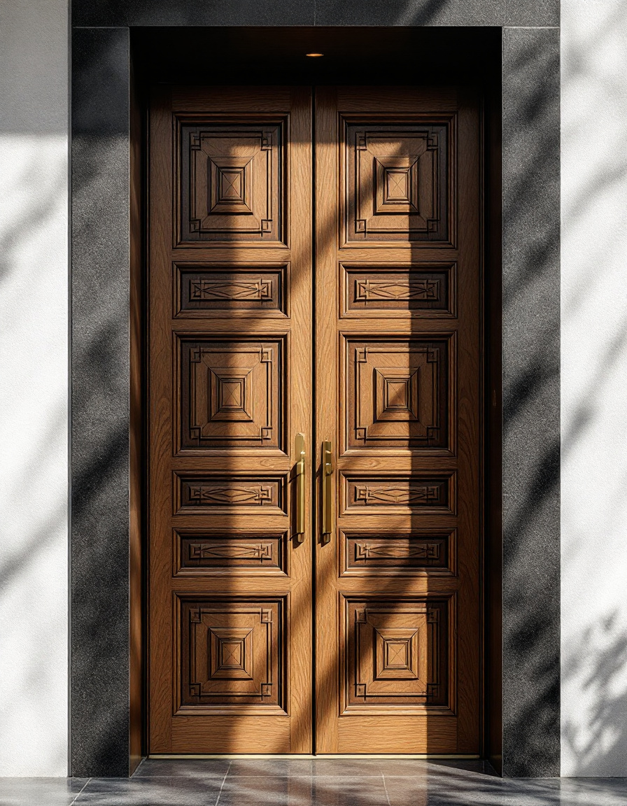 A tall carved hardwood entry door in oak and walnut with deep relief panels and a long brass pull, lit from the side.