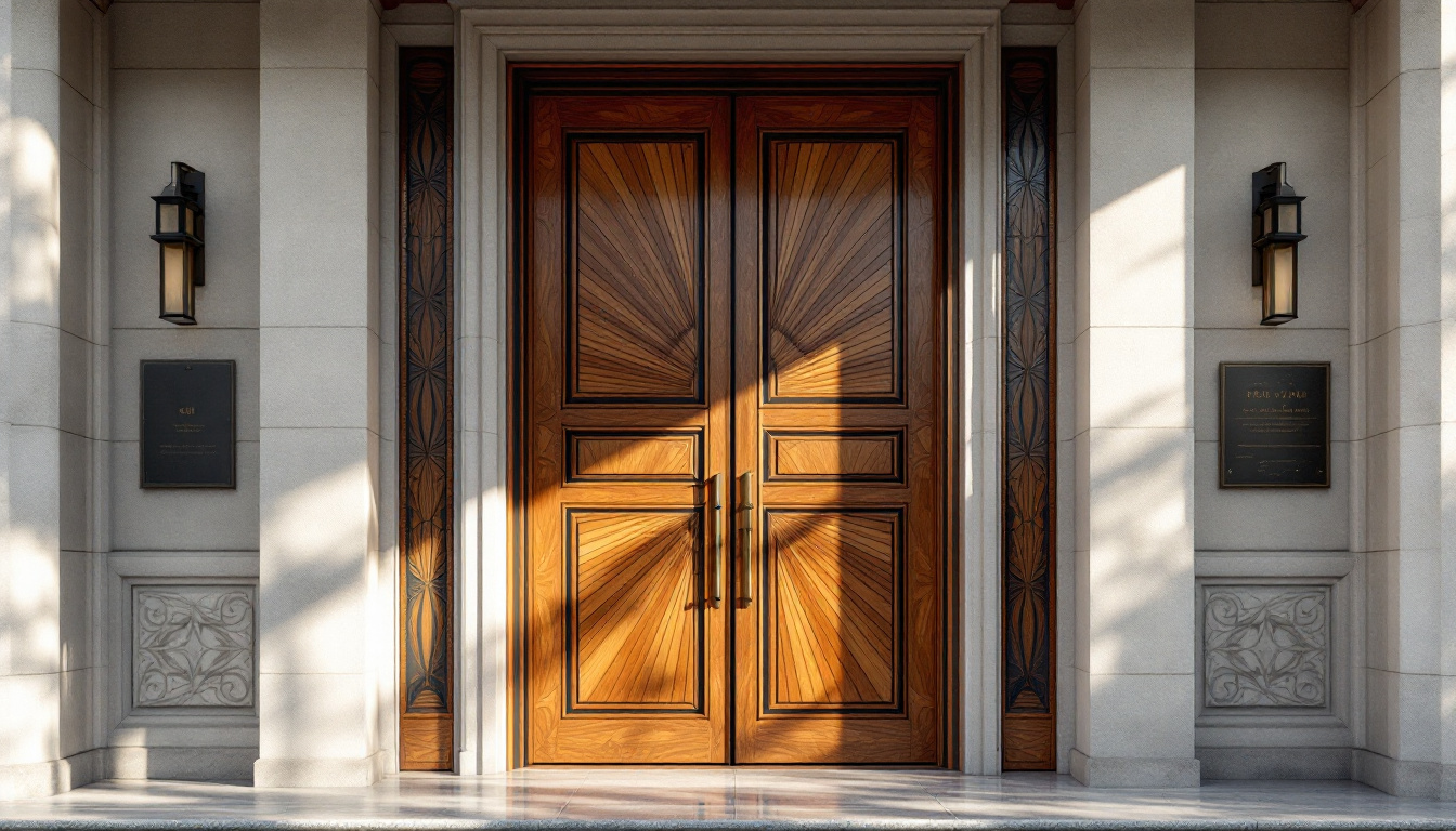A monumental carved hardwood entry door in quartersawn oak and walnut, with deep relief panels, an inlaid dark resin seam running its full height, and a long brass pull.