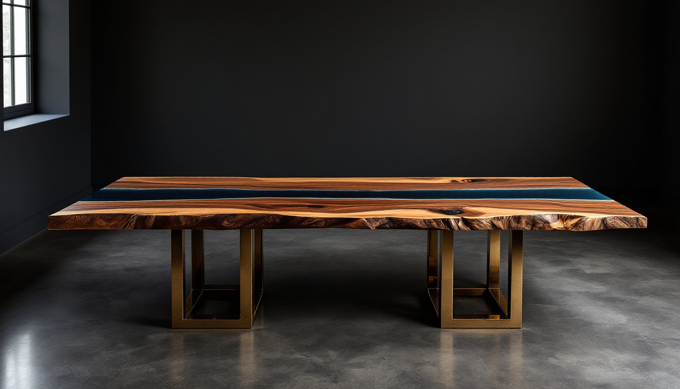 A wide live-edge walnut dining table joined by a dark resin river, on a sculptural brass-toned trestle base.