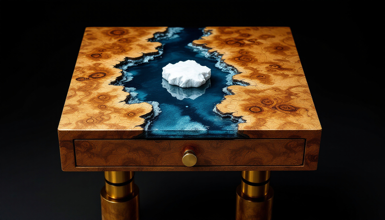 The Titanic Side Table: a maple burl top with a deep blue-gray epoxy channel running through it, a single white resin form set into the channel, a brass drawer pull below, and cast brass-toned legs shaped as opposing engine pistons.