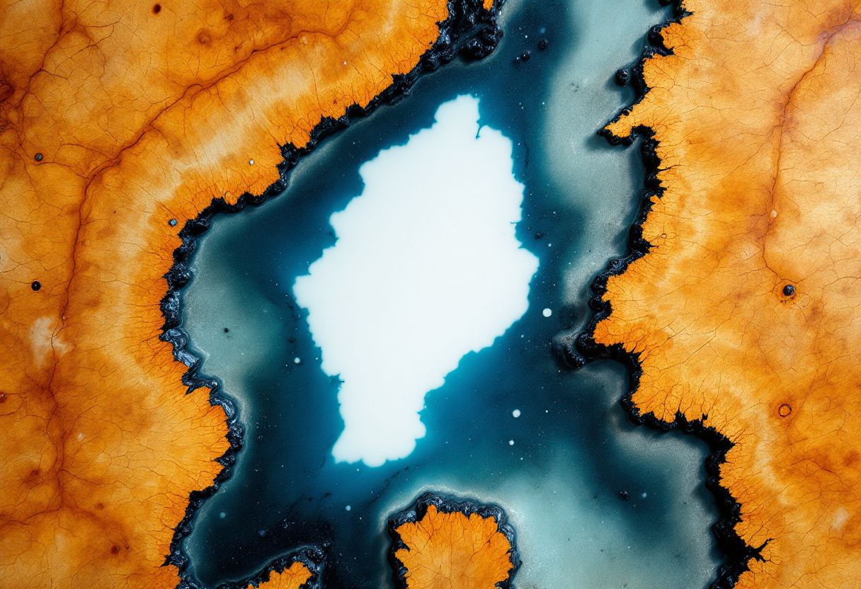 A craggy dot of opaque white resin with faceted edges set into the deep blue-gray channel.
