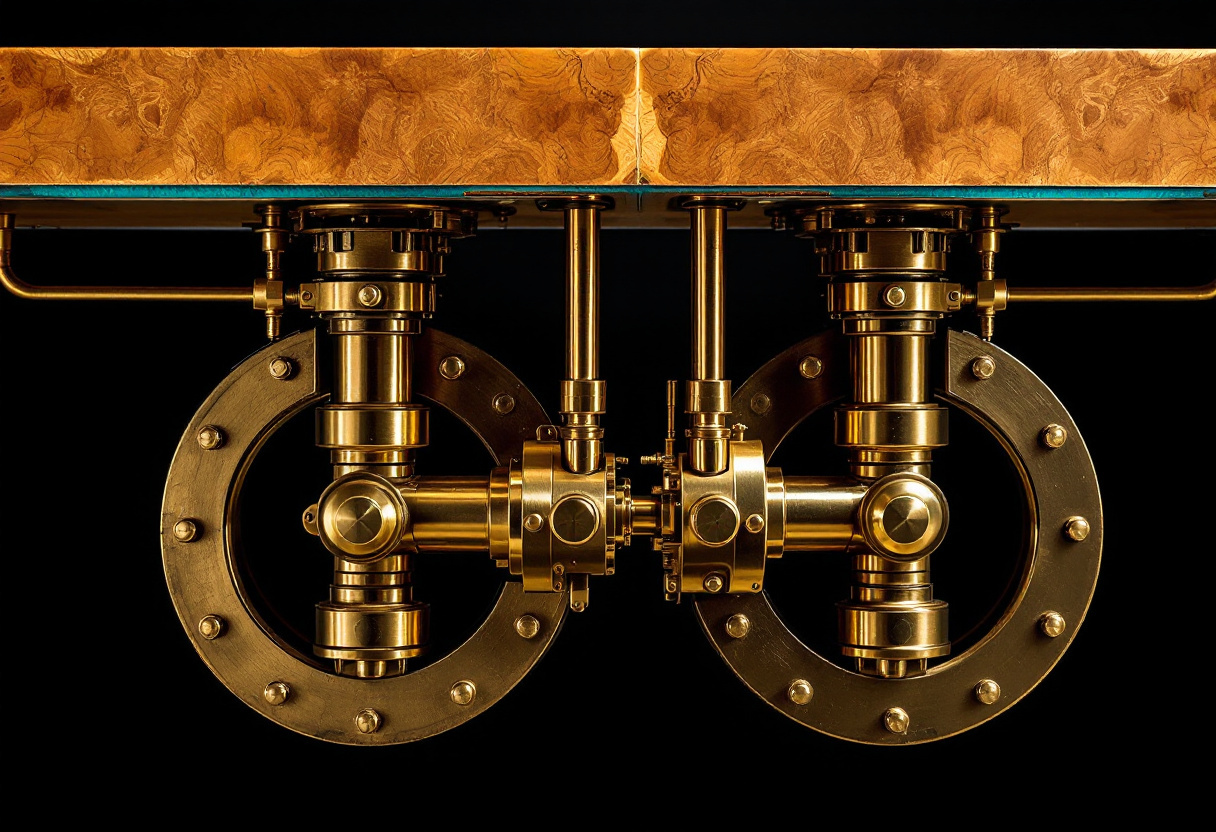Detail of the cast, brass-tinted legs sculpted as opposing engine pistons with rods, crossheads and collars.