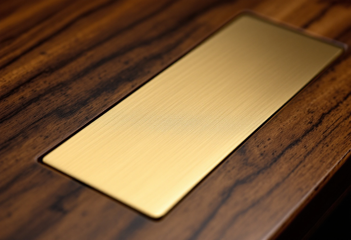 A brass plate inlaid flush into the back apron of the table, surrounded by figured wood with no visible fasteners.