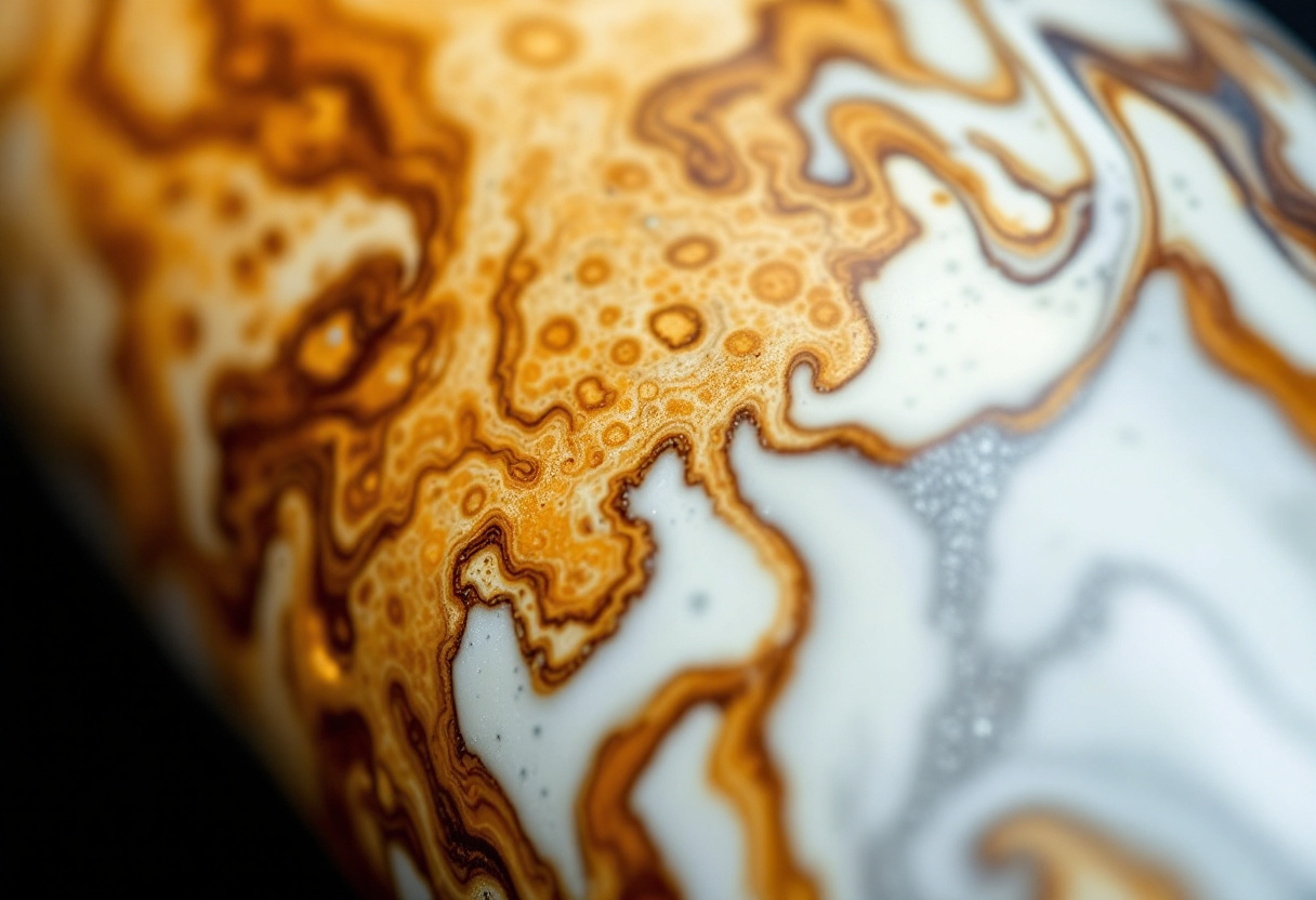 Macro detail of the pen barrel showing white resin flooding the natural voids of honey-colored maple burl.