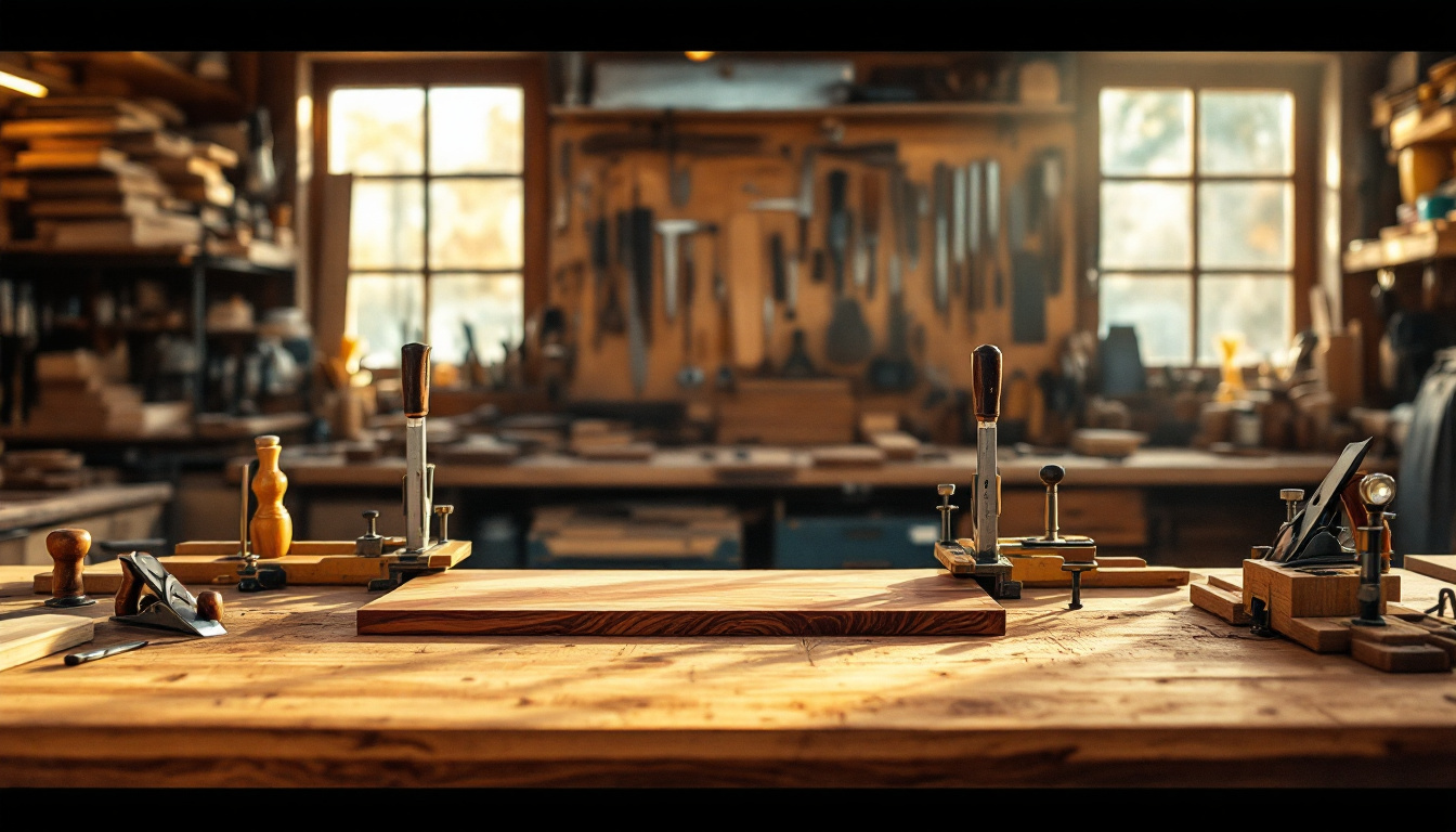 A one-person woodworking shop at the end of the day: hand planes and chisels laid out on a worn bench, lumber and burl blanks stacked behind.